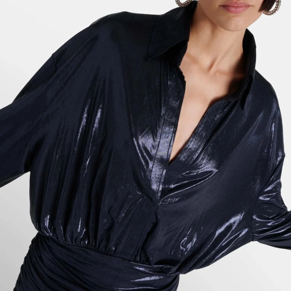 NORMA KAMALI Ruched Black Lame Boyfriend Shirt Dress Small Mini Dress Plunge - Picture 3 of 15